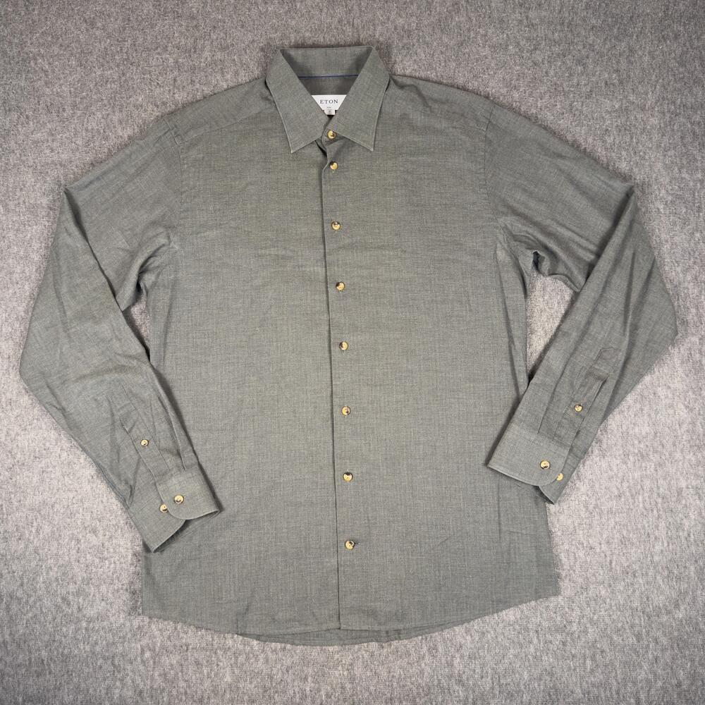 Eton Shirt Mens 43 17 Gray Herringbone Slim Fit Dress Long Sleeve Twill Cotton